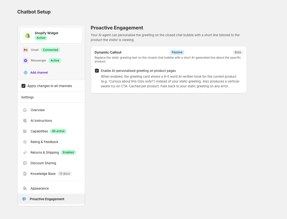 Chatbot Setup with the Dynamic Callout tab selected in the left sidebar, showing the "Enable AI-personalised greeting on product pages" checkbox.