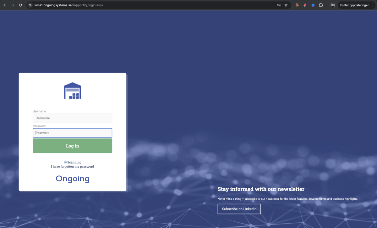 Ongoing WMS login page showing the warehouse slug in the URL bar