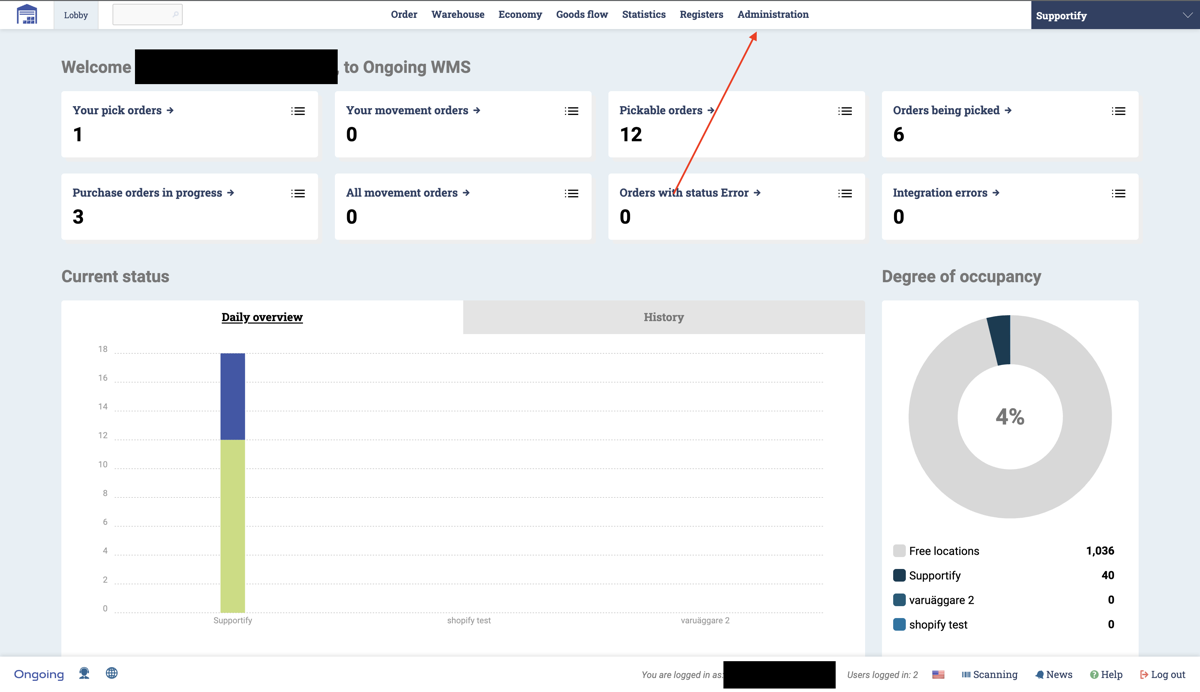Ongoing WMS dashboard with the Administration tab highlighted in the top navigation