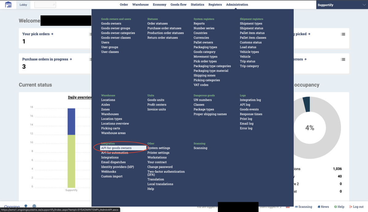 Ongoing WMS Administration menu with "API for goods owners" circled in red